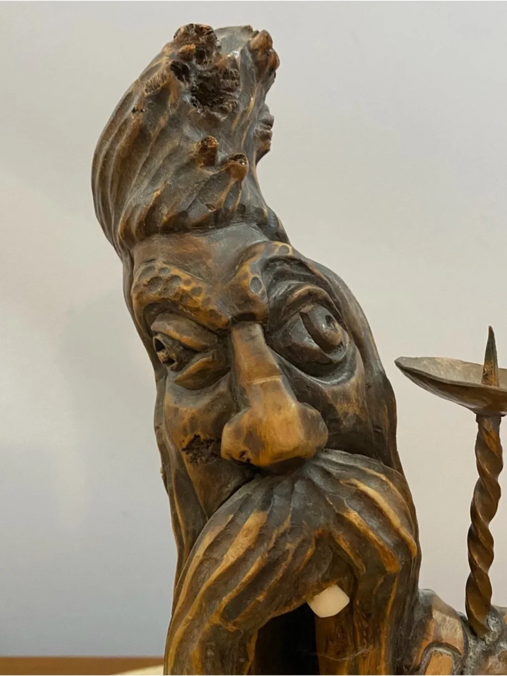 Vintage Hand Carved Wood Candle‎ Holder Spirit Wizard Face Folk Art Cottagecore